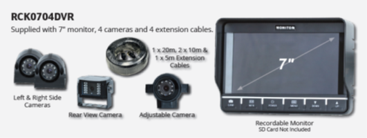 Reversing Camera Kit with 7"LCD Monitor, 4 cameras & 4 extension cables, recordable version.